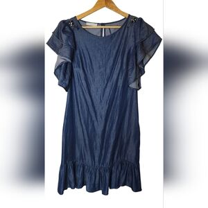 Fly Girl Ruffle Sleeve Dress with Rhinestone Bead Accents Small Navy Italy